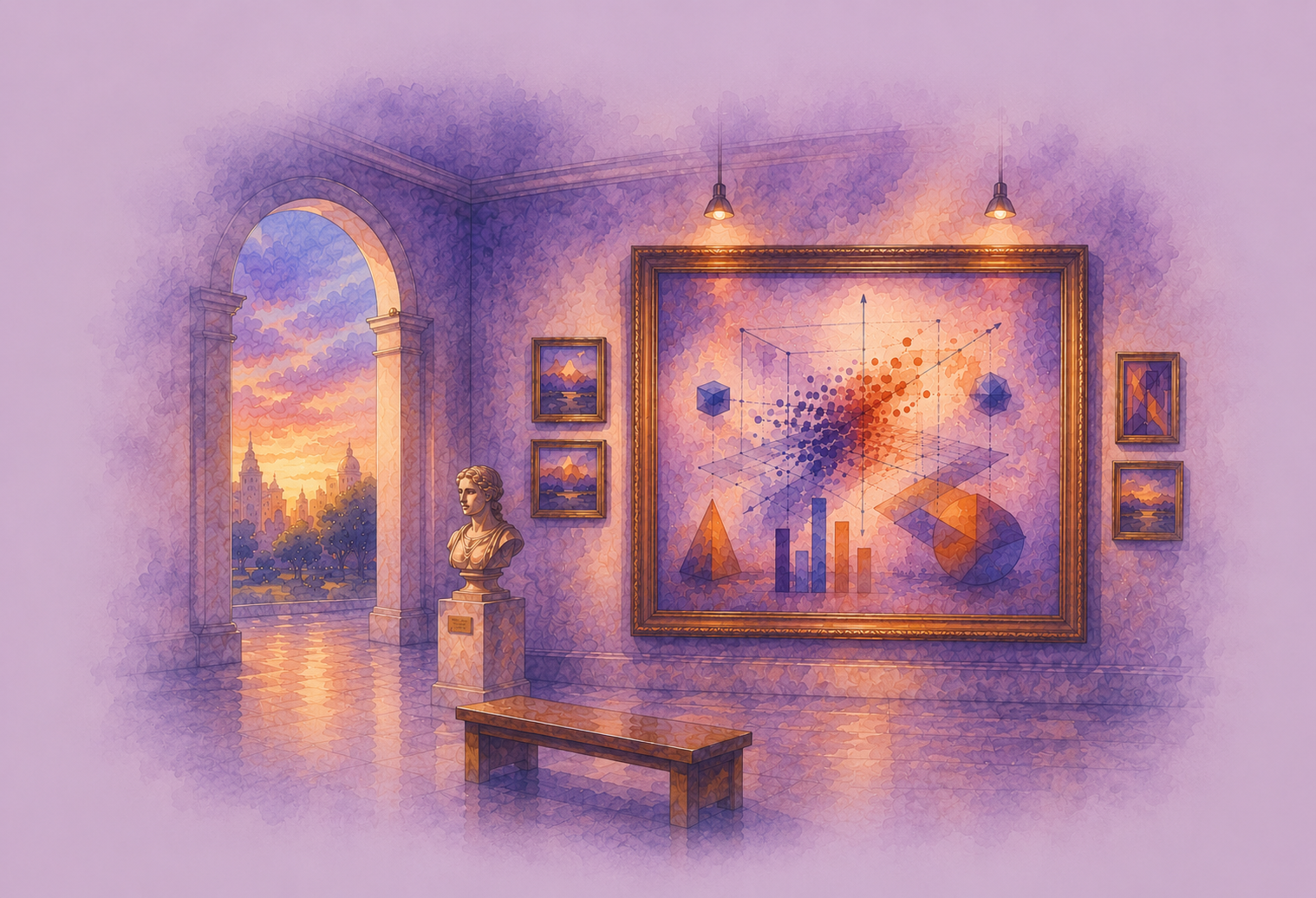 Watercolour illustration of a museum gallery and statistical visualisation