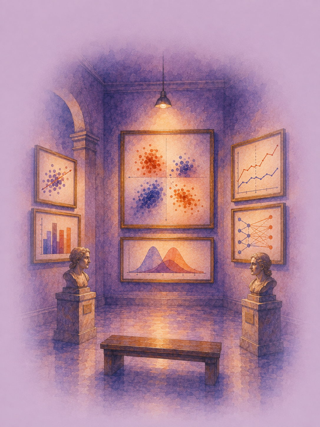 Watercolour gallery illustration showing visualisations of statistical association