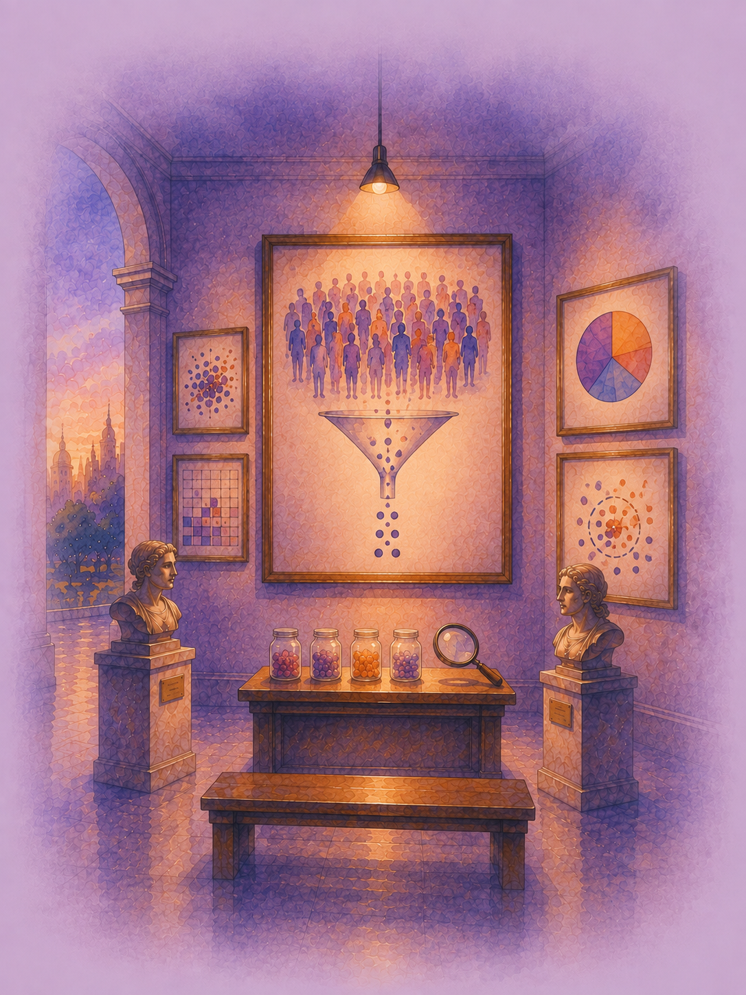 Watercolour gallery illustration explaining statistical sampling